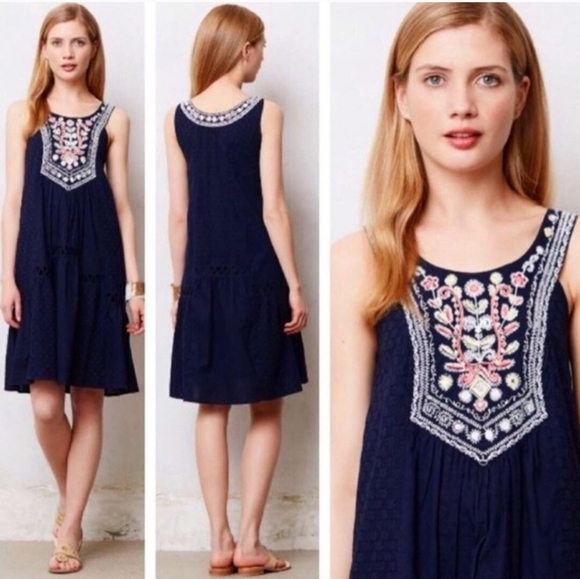 Anthropologie Maeve Tisa Swing Dress Flower & Mirror Embroidered Sz 6 Navy Blue - Picture 2 of 11